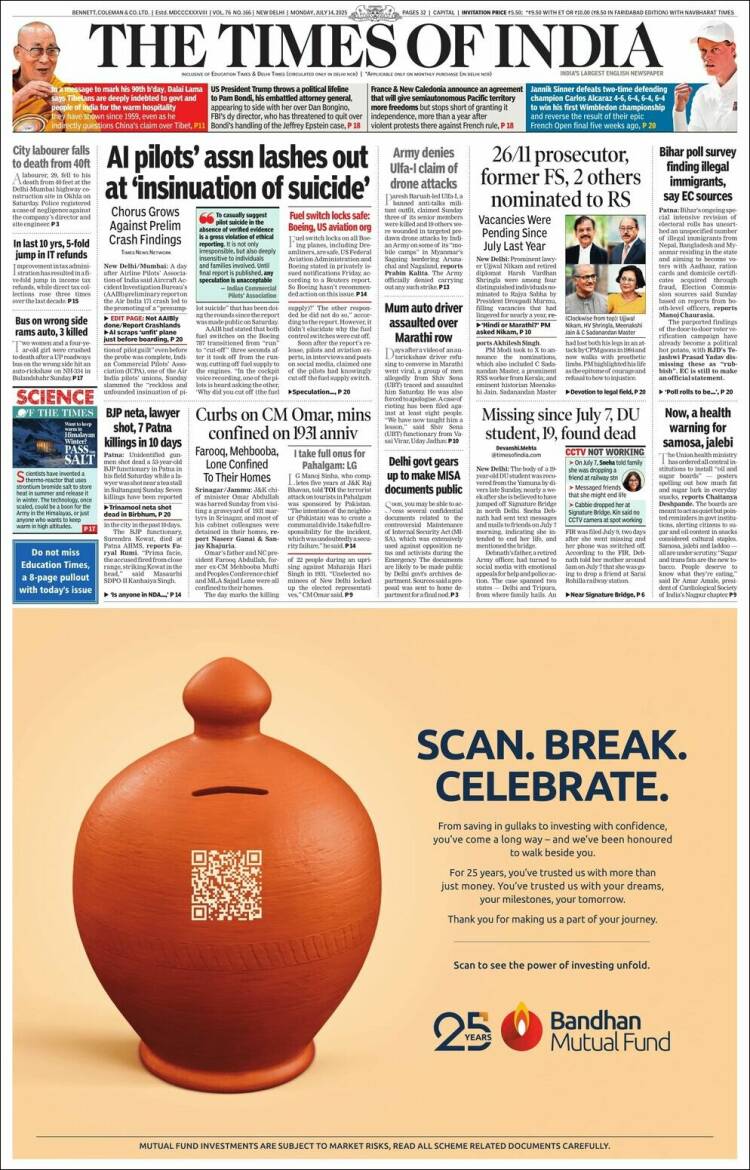 Portada de The Times of India (Inde)