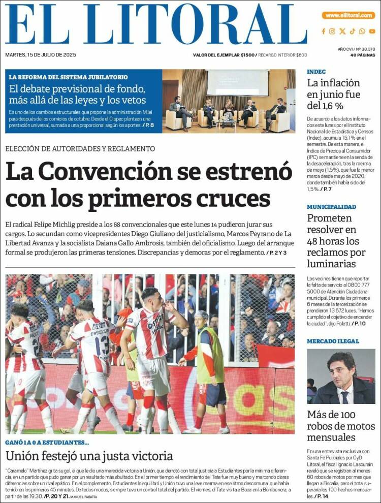 Portada de Diario El Litoral (Argentina)