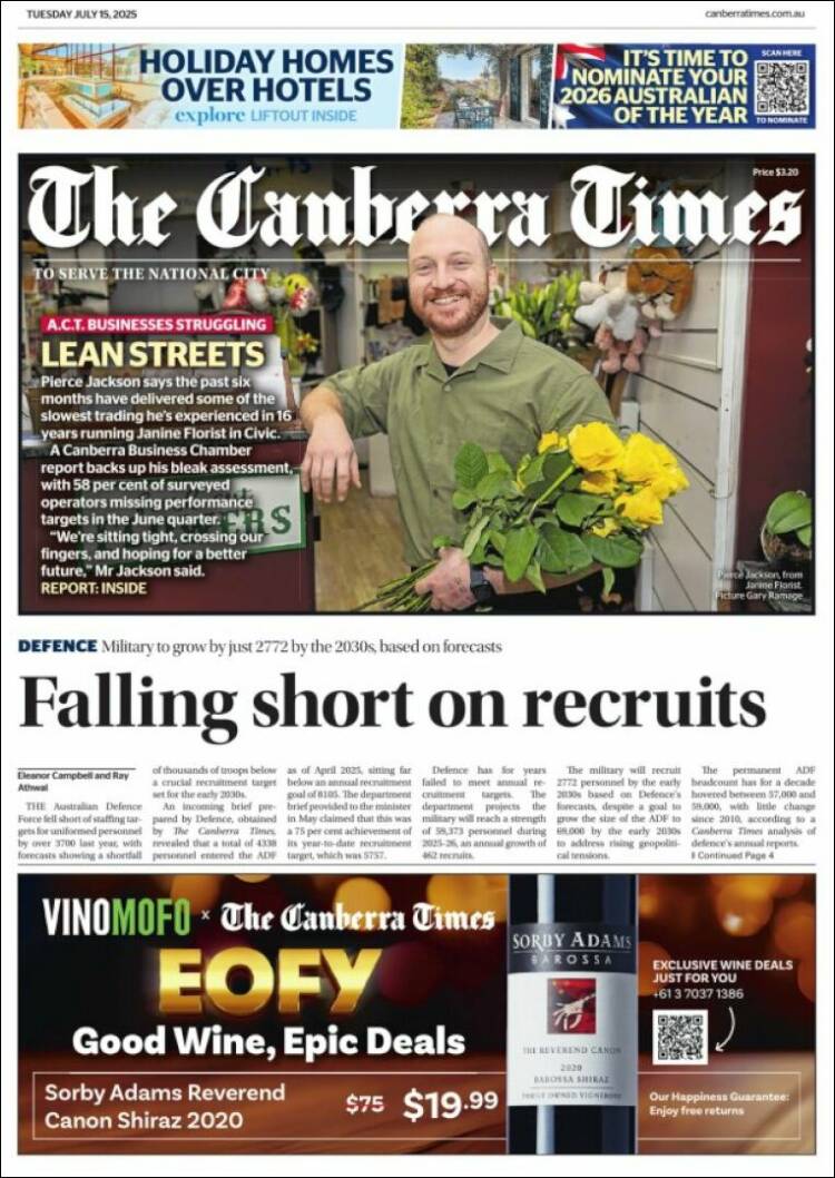 Portada de The Canberra Times (Australia)
