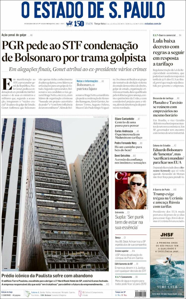 Portada de O Estado de São Paulo (Brasil)