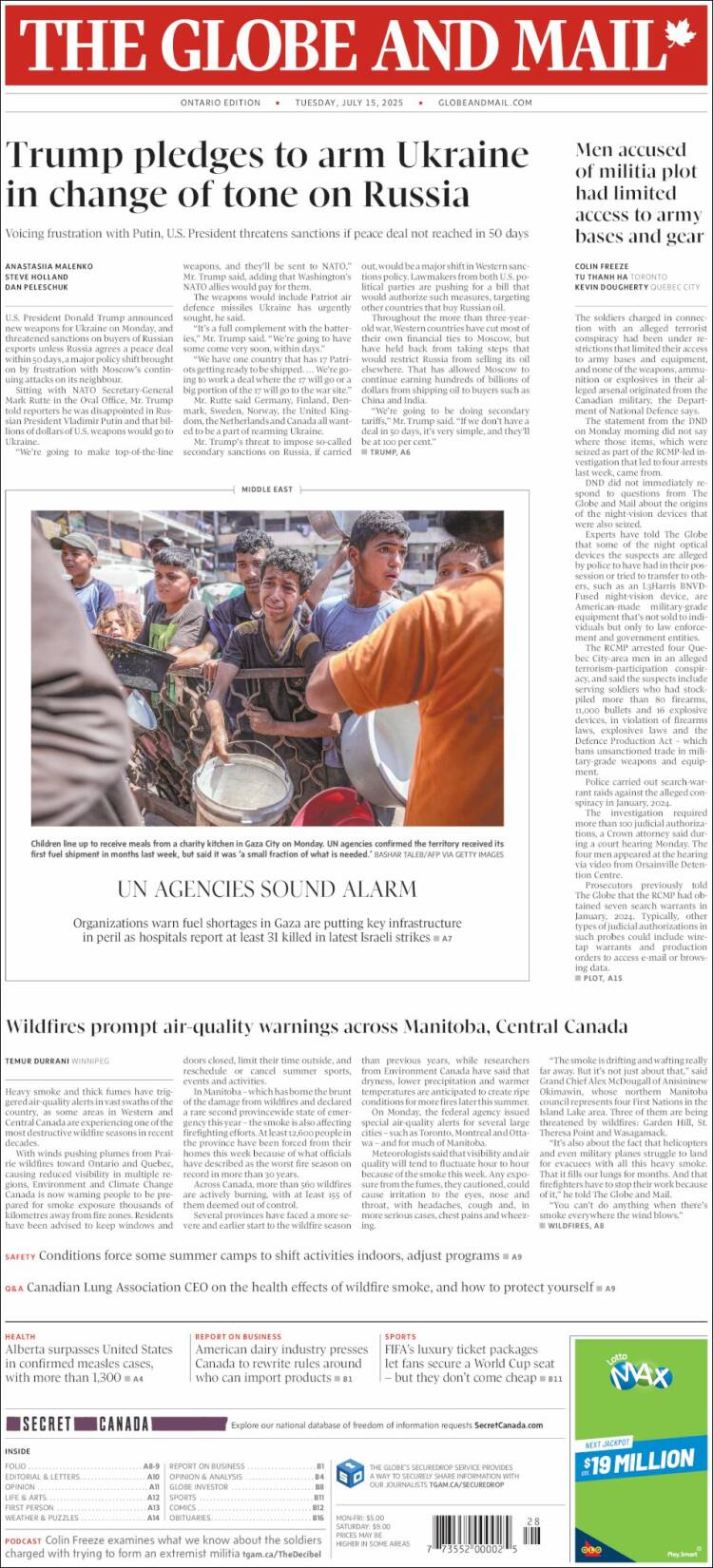 Portada de The Globe and Mail (Canadá)