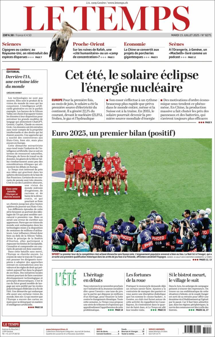 Portada de Le Matin (Switzerland)