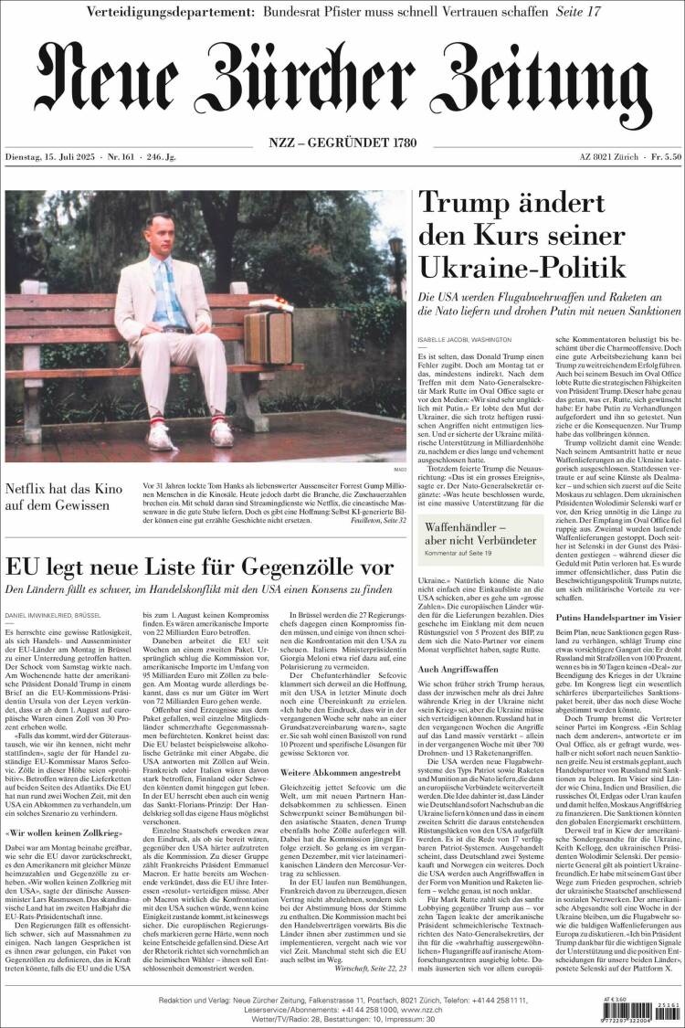 Portada de Neue Zürcher Zeitung (Switzerland)