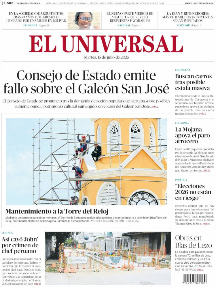 Portada de El Universal (Colombia)