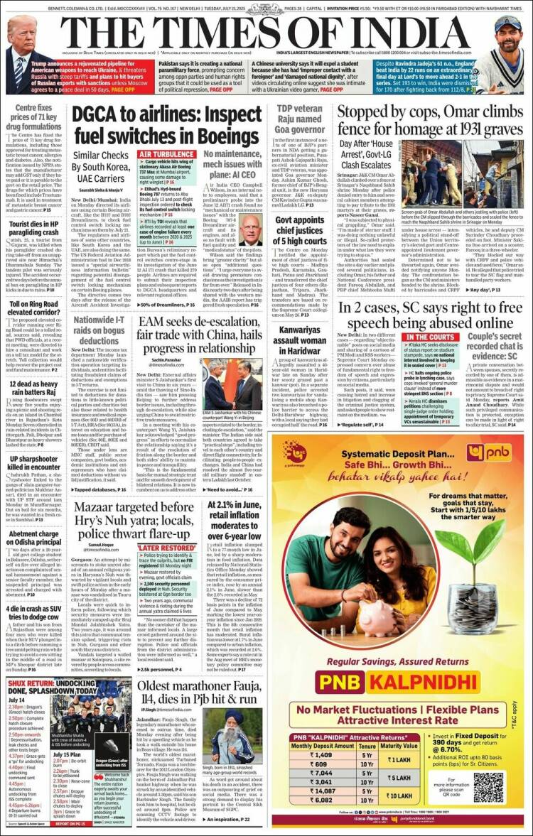 Portada de The Times of India (India)