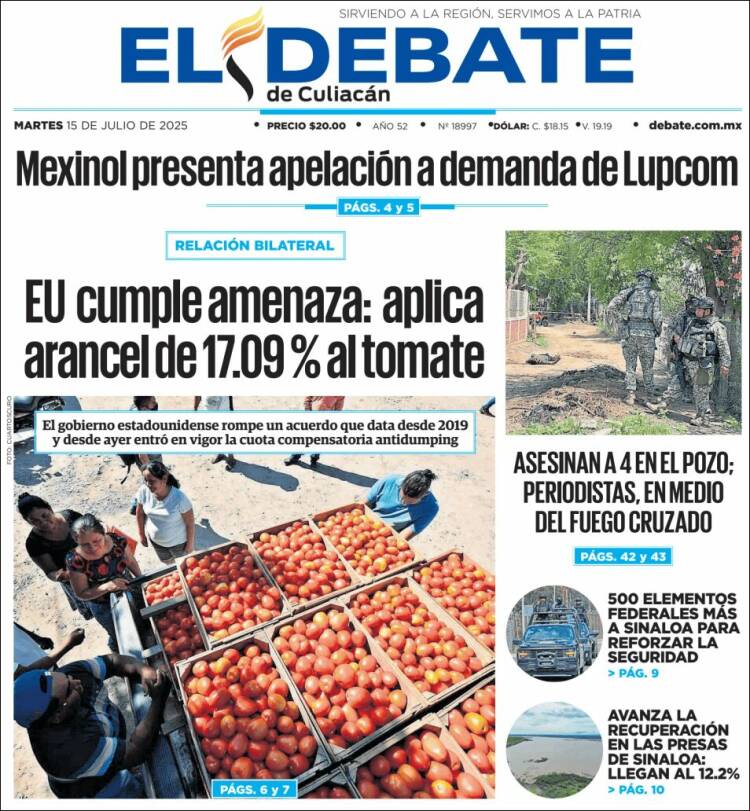 Portada de El Debate de Culiacán (México)