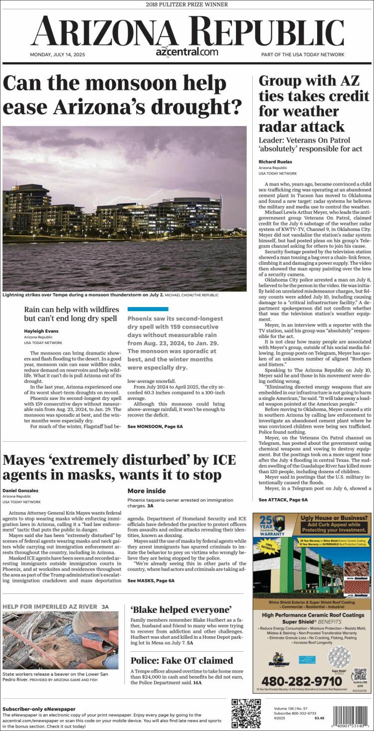 Portada de Arizona Republic News (USA)