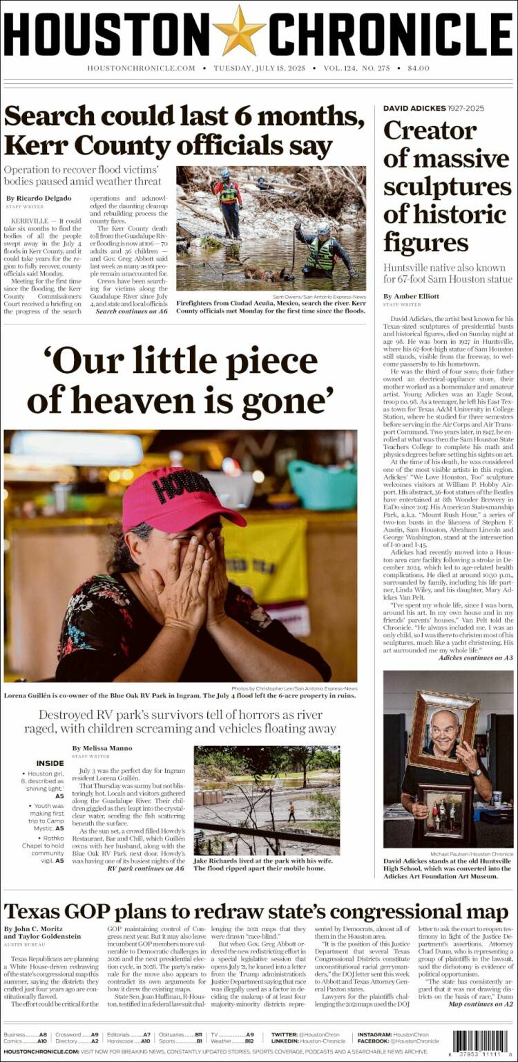 Portada de Houston Chronicle (USA)
