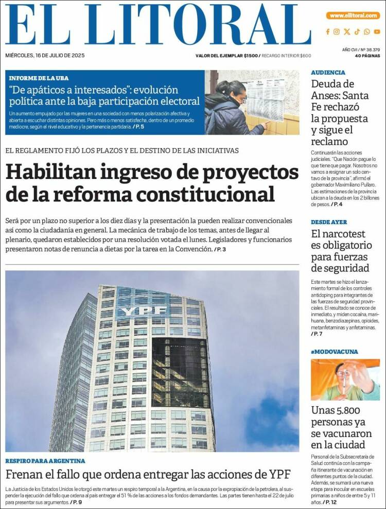 Portada de Diario El Litoral (Argentina)