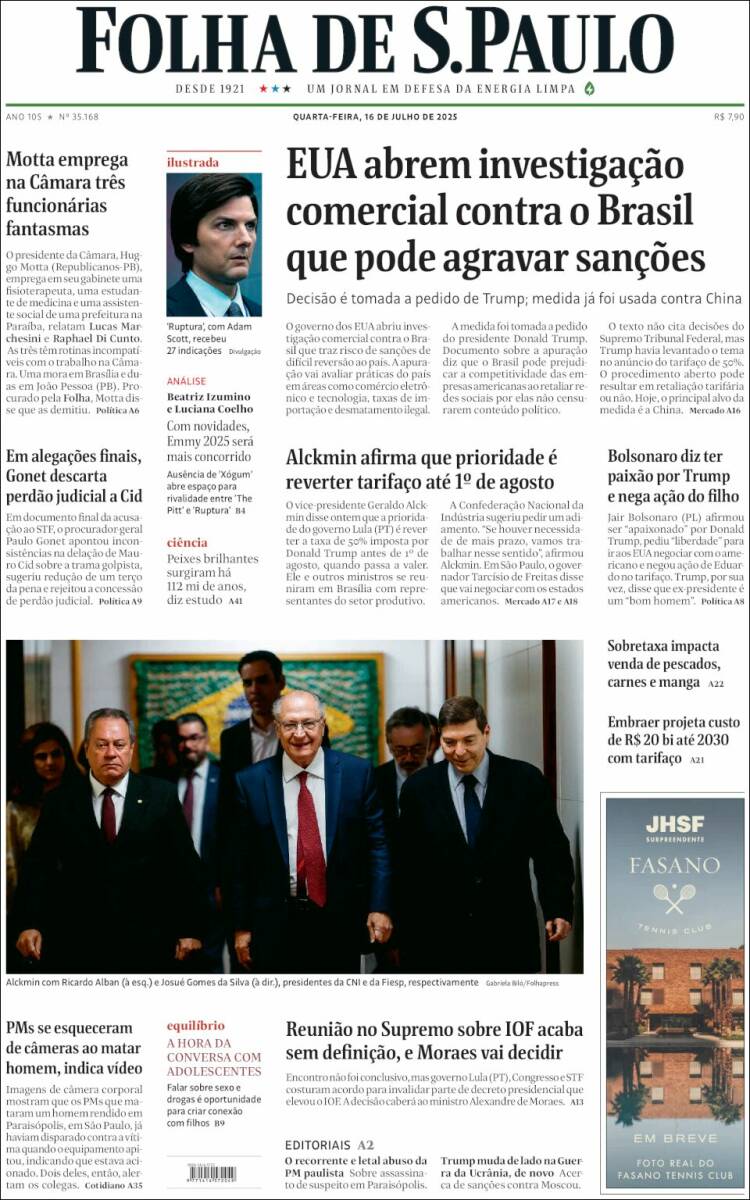 Portada de Folha de São Paulo (Brasil)