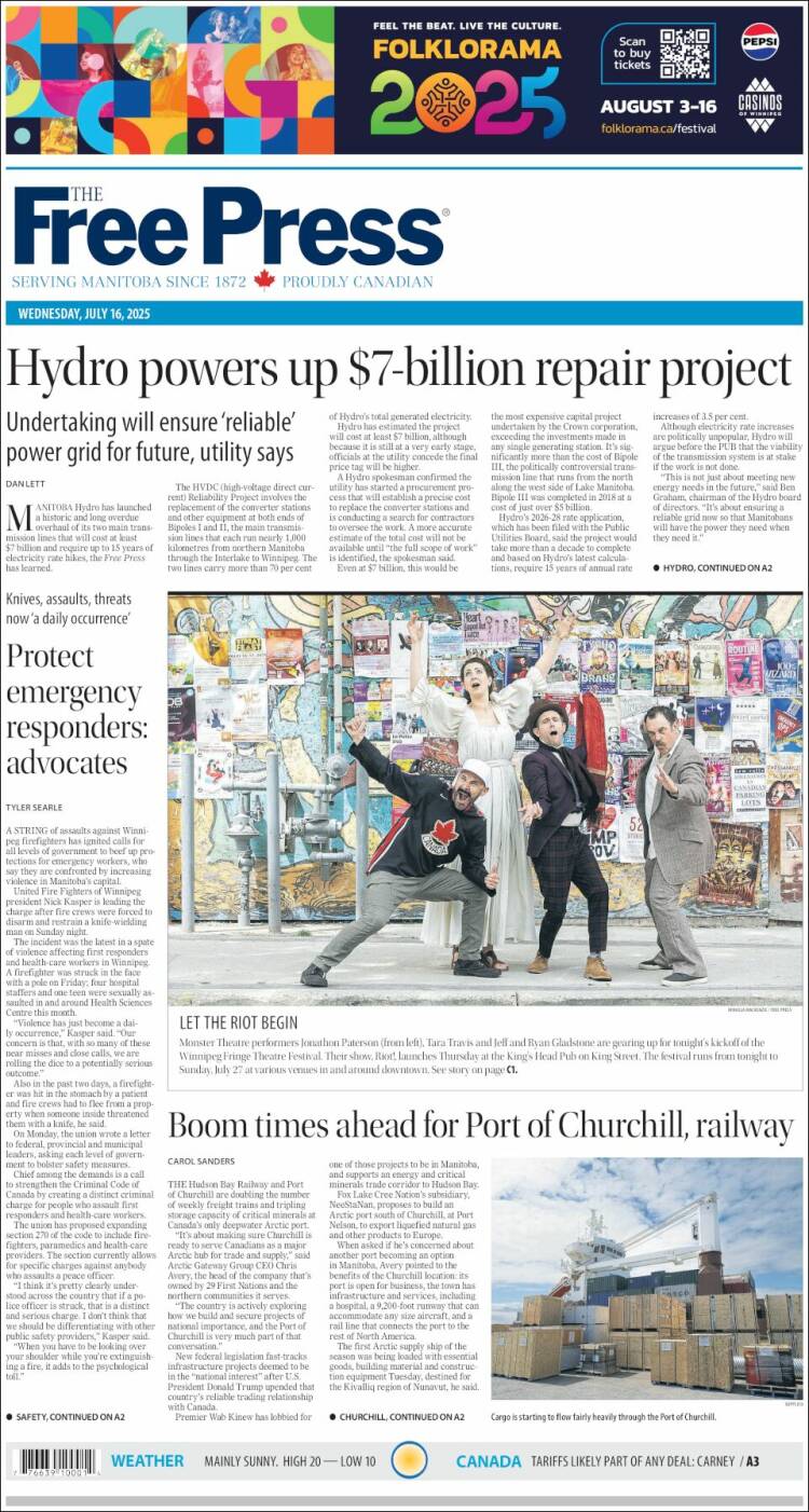 Portada de Winnipeg Free Press (Canadá)