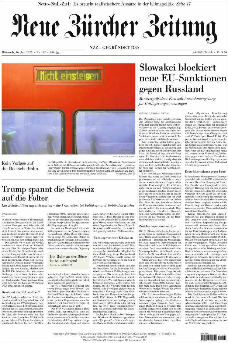 Portada de Neue Zürcher Zeitung (Suisse)