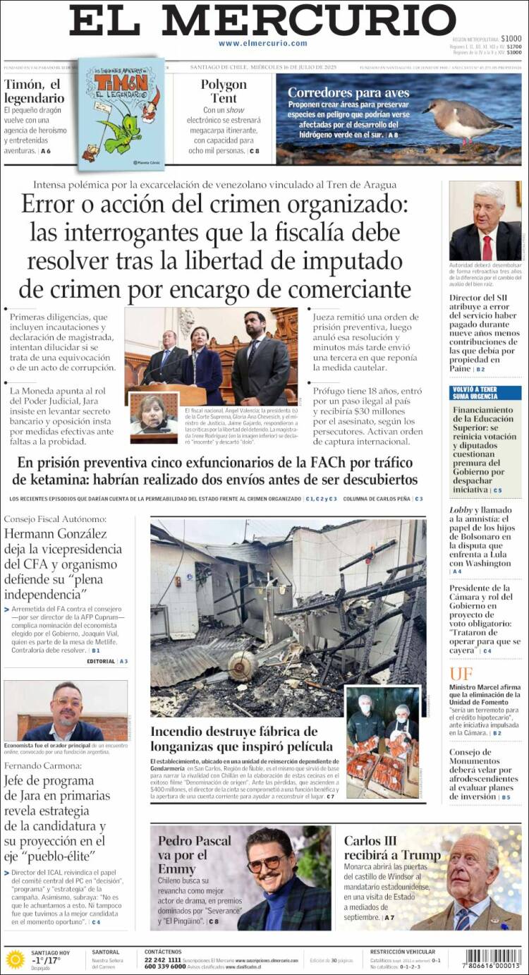 Portada de El Mercurio (Chile)
