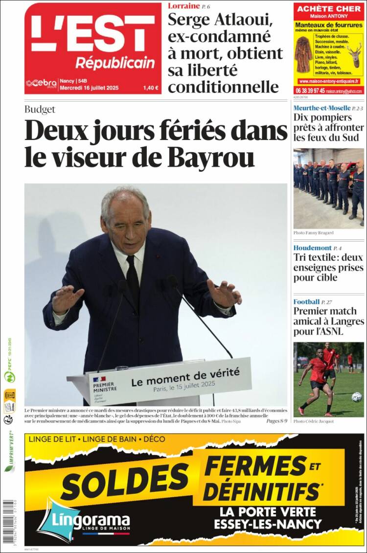 Portada de L'Est Republicain (France)