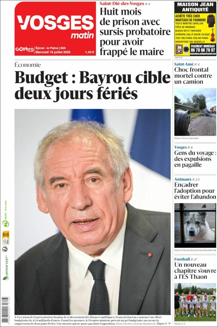 Portada de Vosges Matin (France)