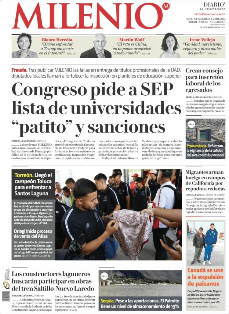 Portada de Milenio - Laguna (México)