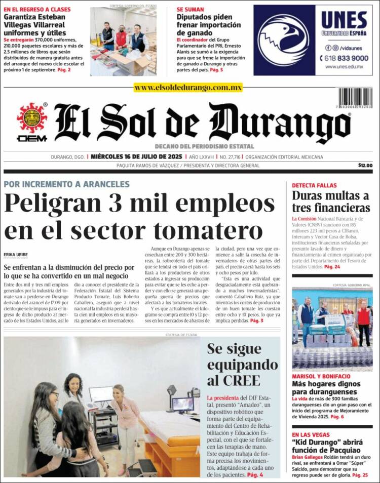 Portada de El Sol de Durango (México)