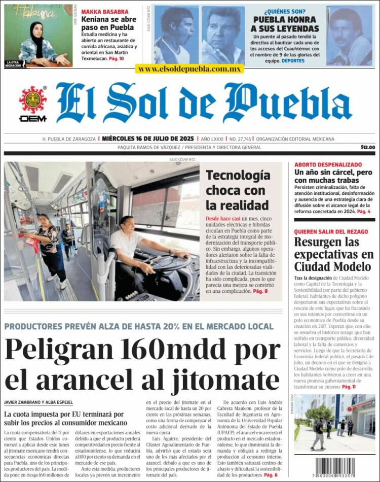 Portada de El Sol de Puebla (México)