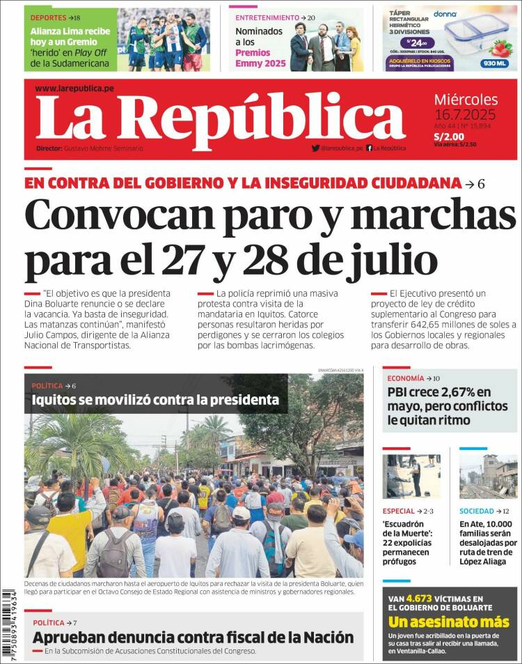 Portada de La Republica (Perú)