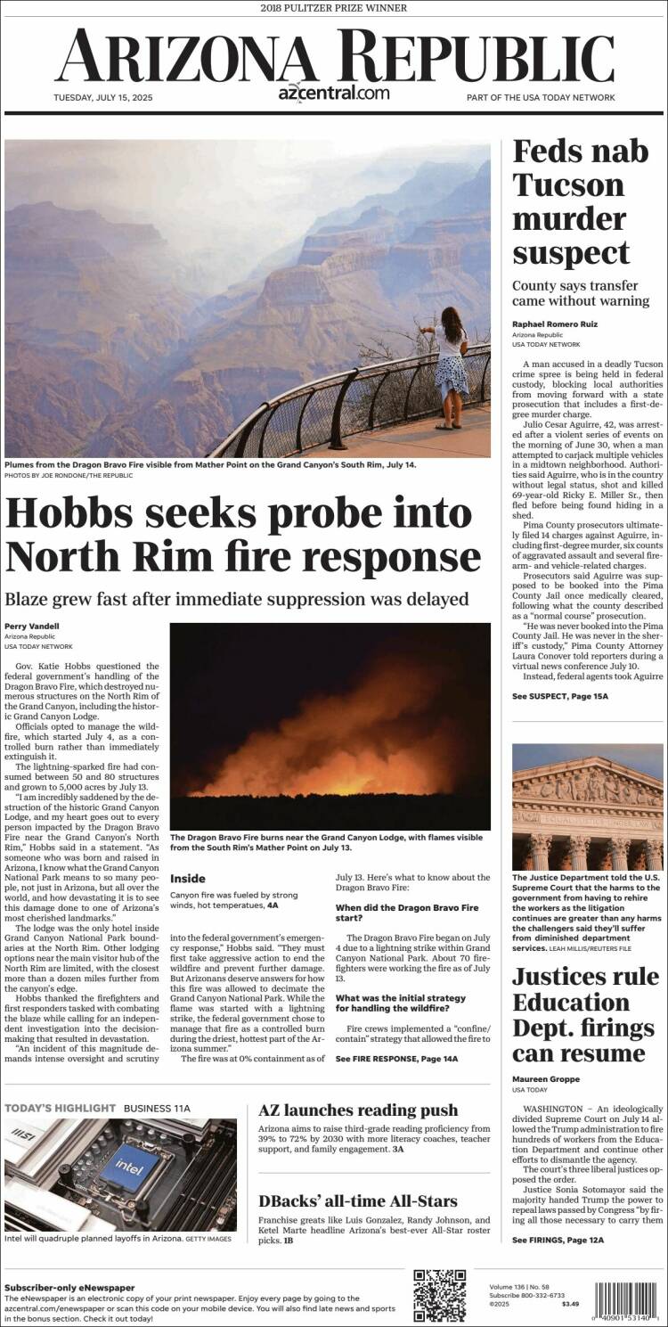 Portada de Arizona Republic News (USA)