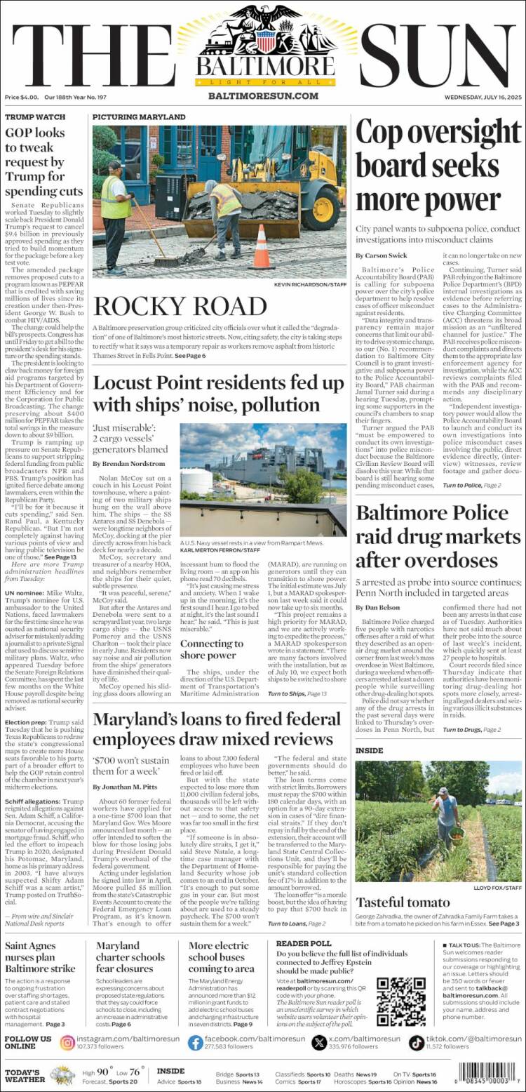 Portada de The Baltimore Sun (USA)