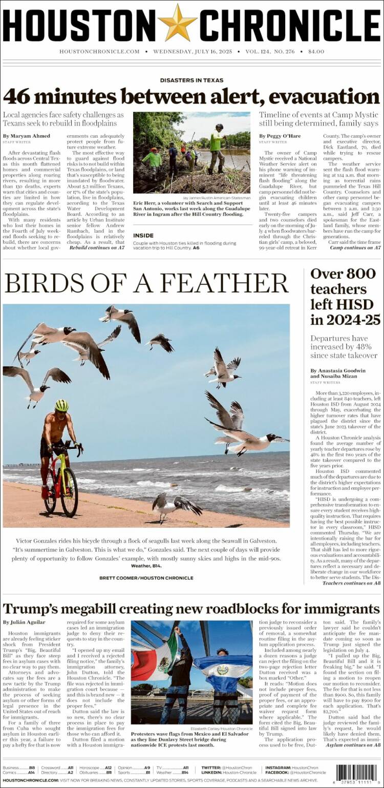 Portada de Houston Chronicle (USA)