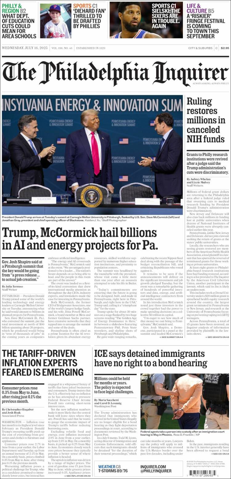 Portada de Philadelphia Inquirer (USA)
