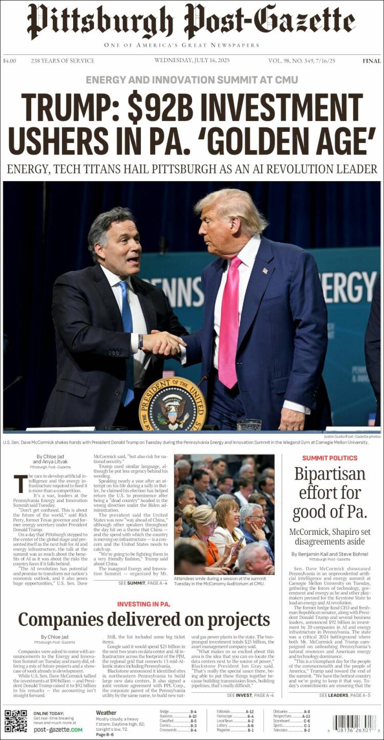 Portada de Pittsburgh Post-Gazette (USA)