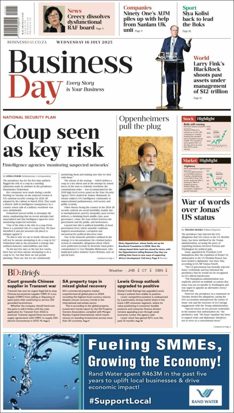 Portada de Business Day (South Africa)