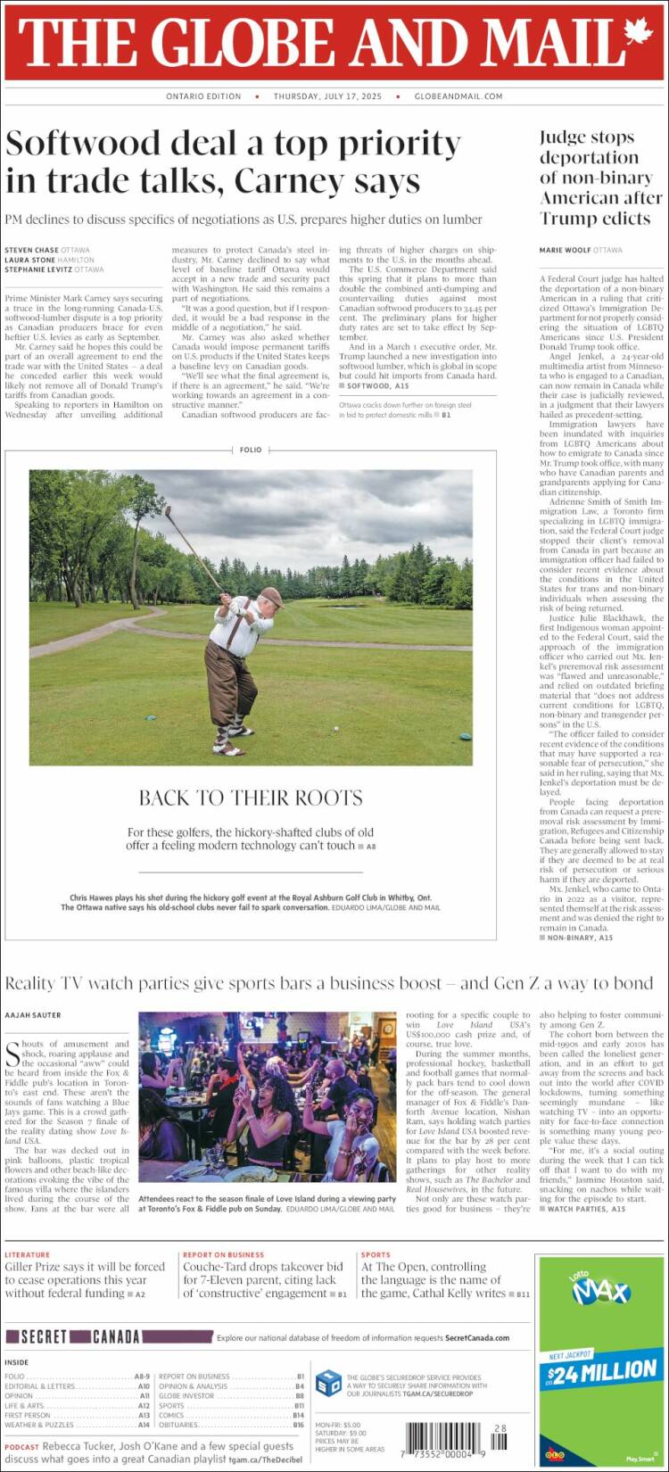 Portada de The Globe and Mail (Canada)