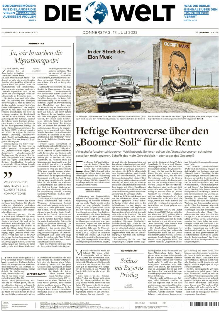 Portada de Die Welt (Germany)