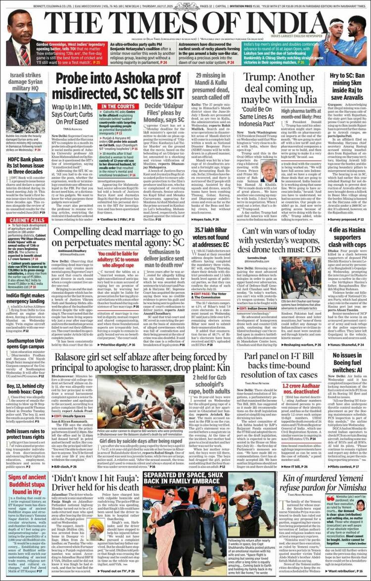 Portada de The Times of India (Inde)