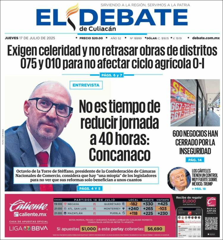Portada de El Debate de Culiacán (Mexique)