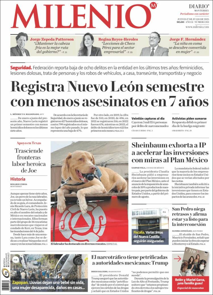 Portada de Milenio de Monterrey (Mexico)