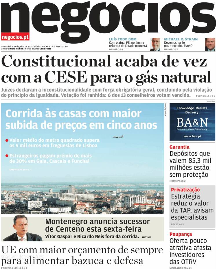 Portada de Jornal de Negócios (Portugal)
