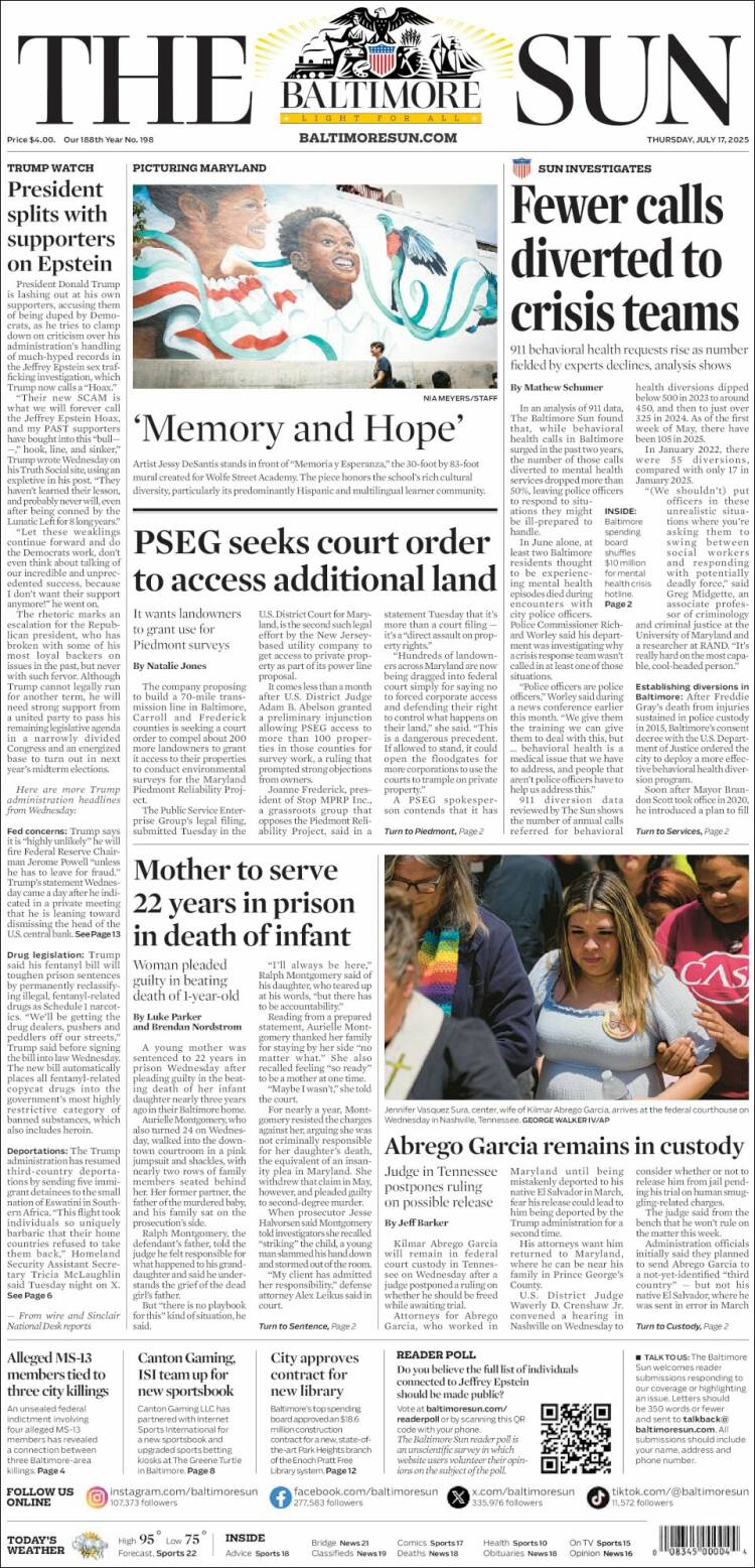 Portada de The Baltimore Sun (USA)