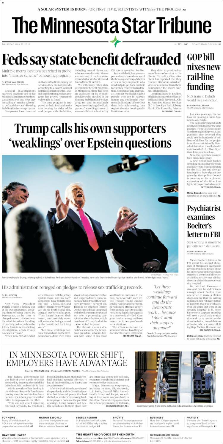 Portada de Star Tribune (USA)