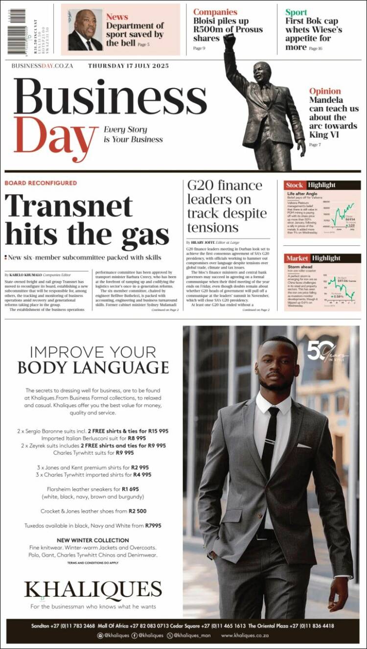 Portada de Business Day (South Africa)