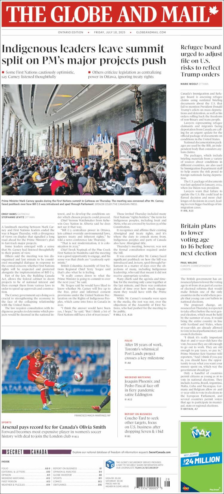 Portada de The Globe and Mail (Canada)