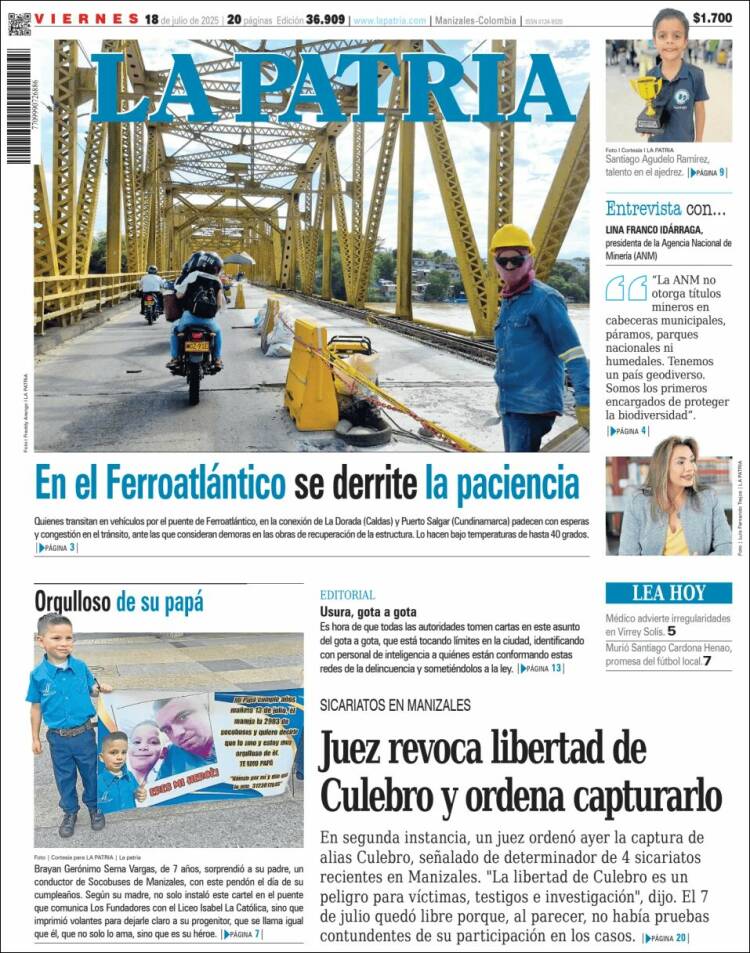 Portada de La Patria (Colombia)