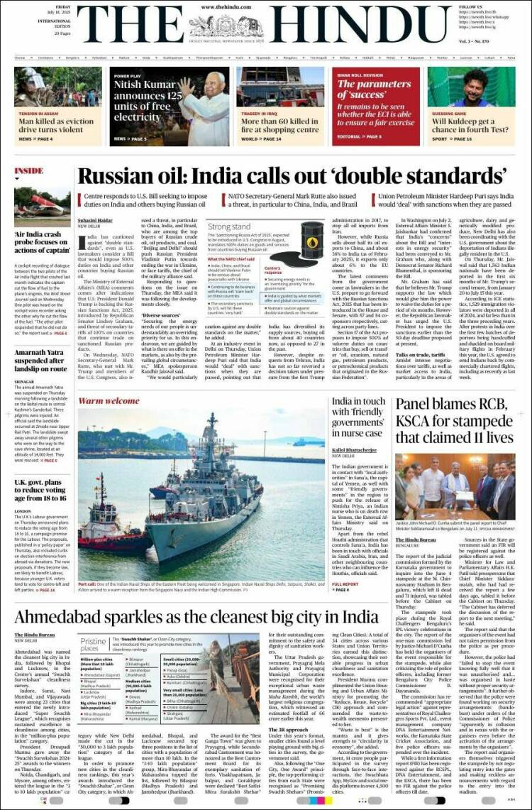 Portada de The Hindu (India)