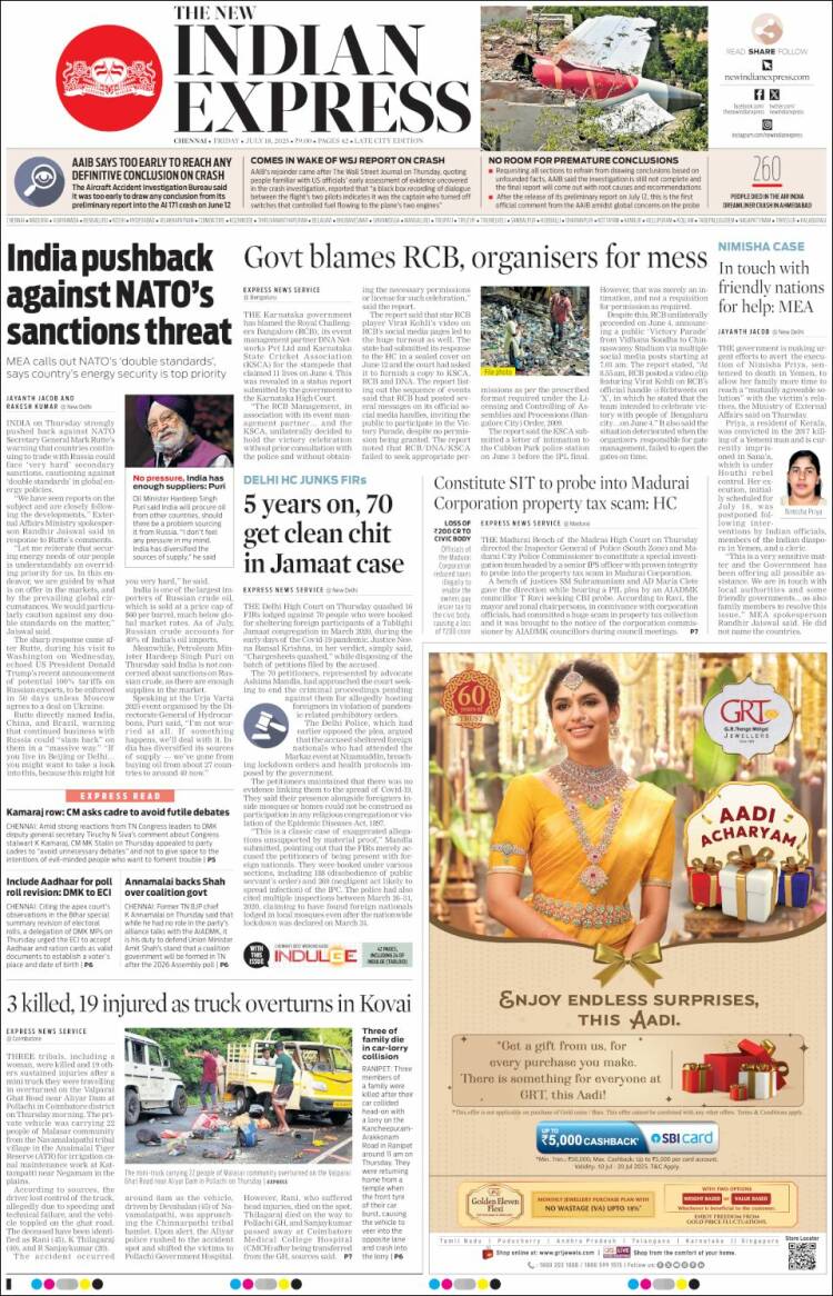Portada de New Indian Express (India)