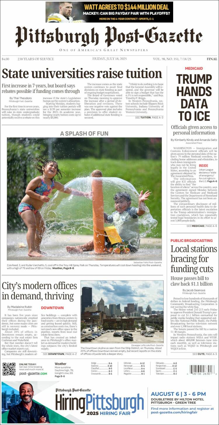 Portada de Pittsburgh Post-Gazette (USA)
