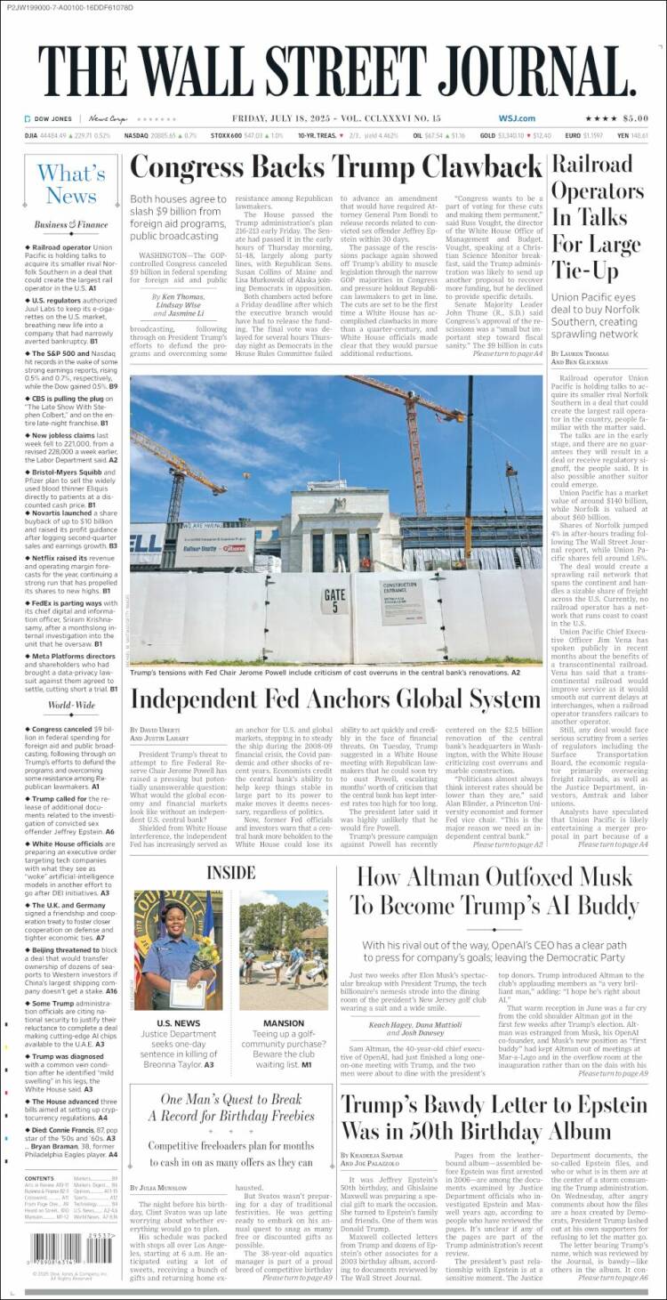 Portada de Wall Street Journal (USA)
