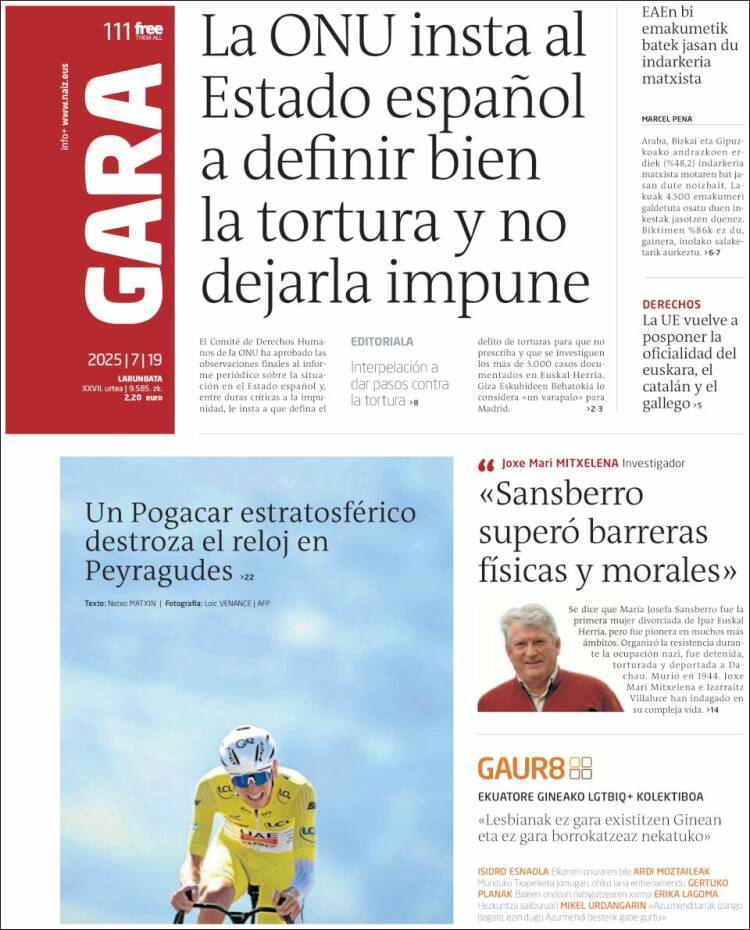 Portada de Gara (España)
