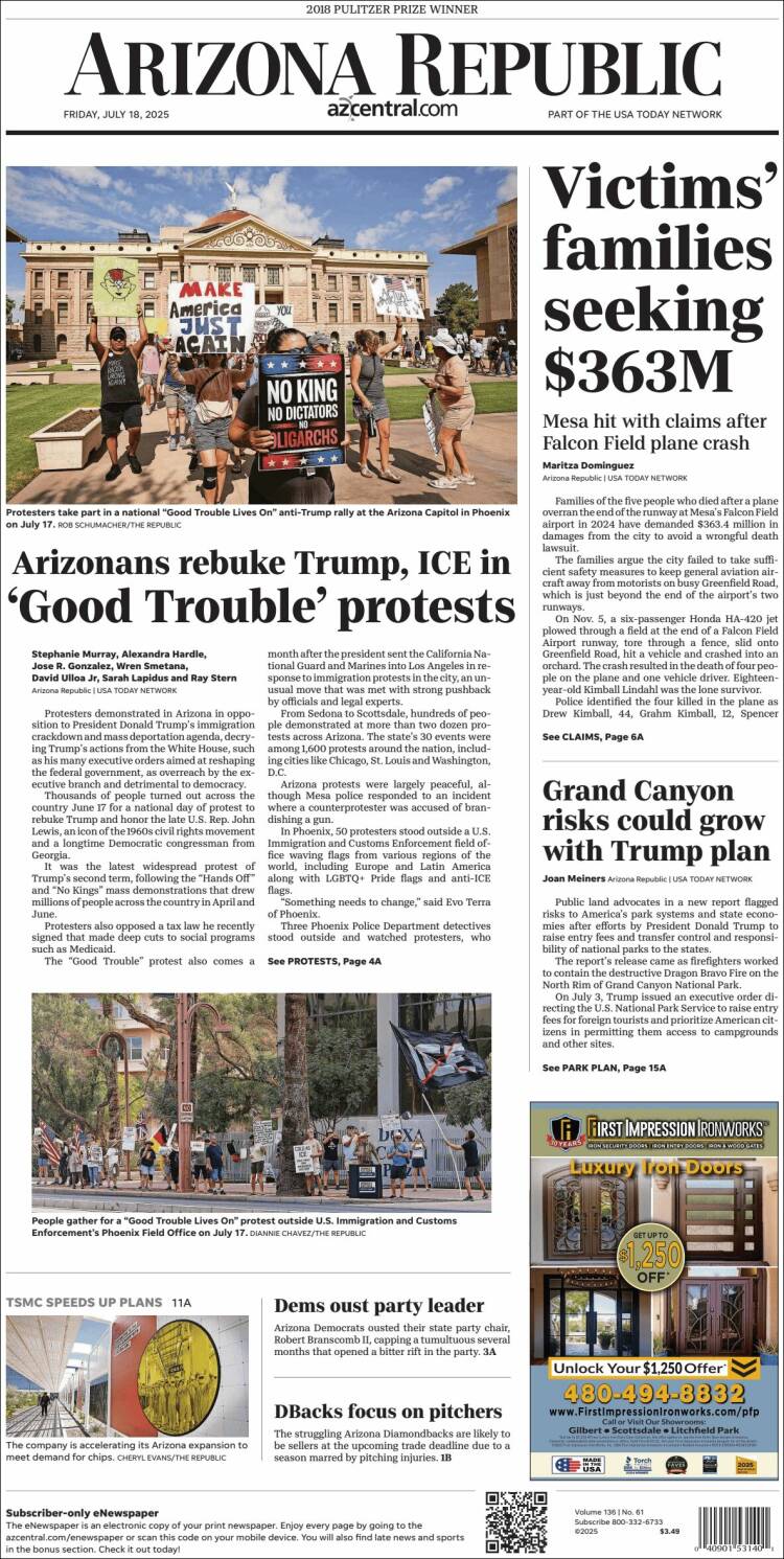 Portada de Arizona Republic News (USA)