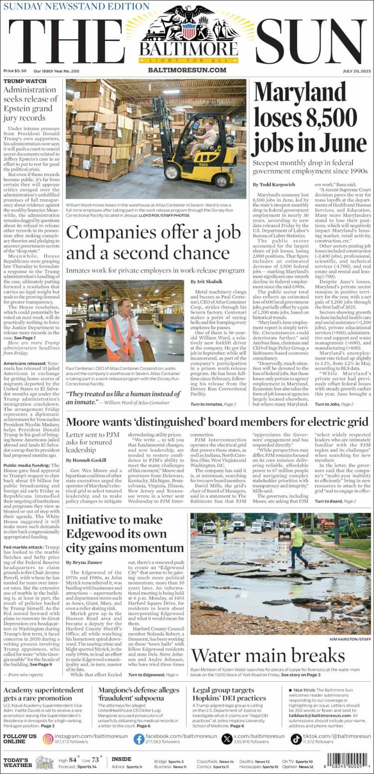 Portada de The Baltimore Sun (USA)