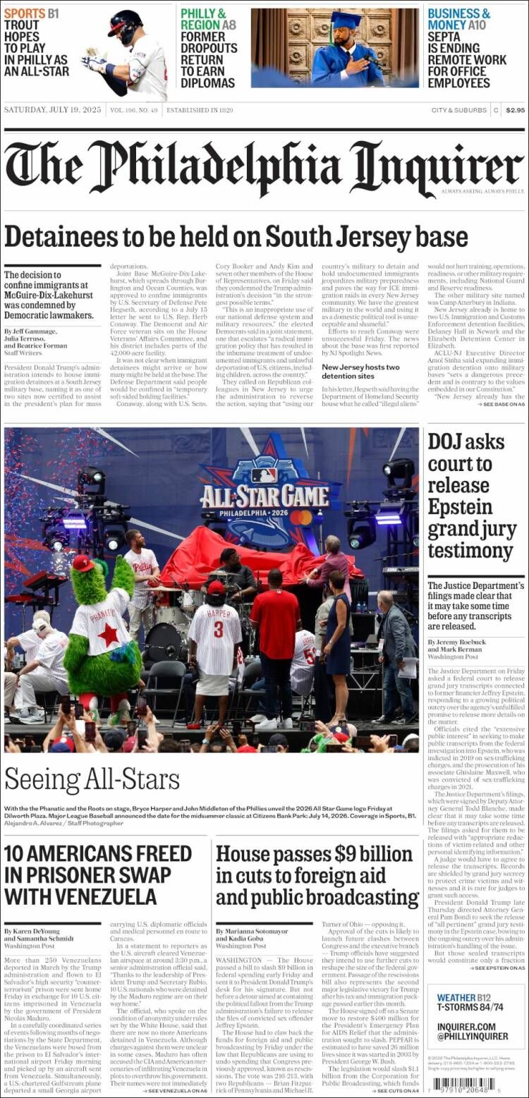 Portada de Philadelphia Inquirer (USA)