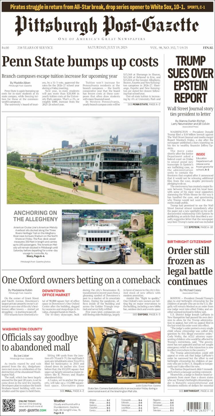 Portada de Pittsburgh Post-Gazette (USA)