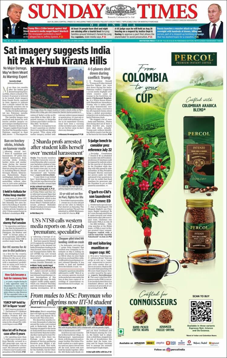 Portada de The Times of India (India)
